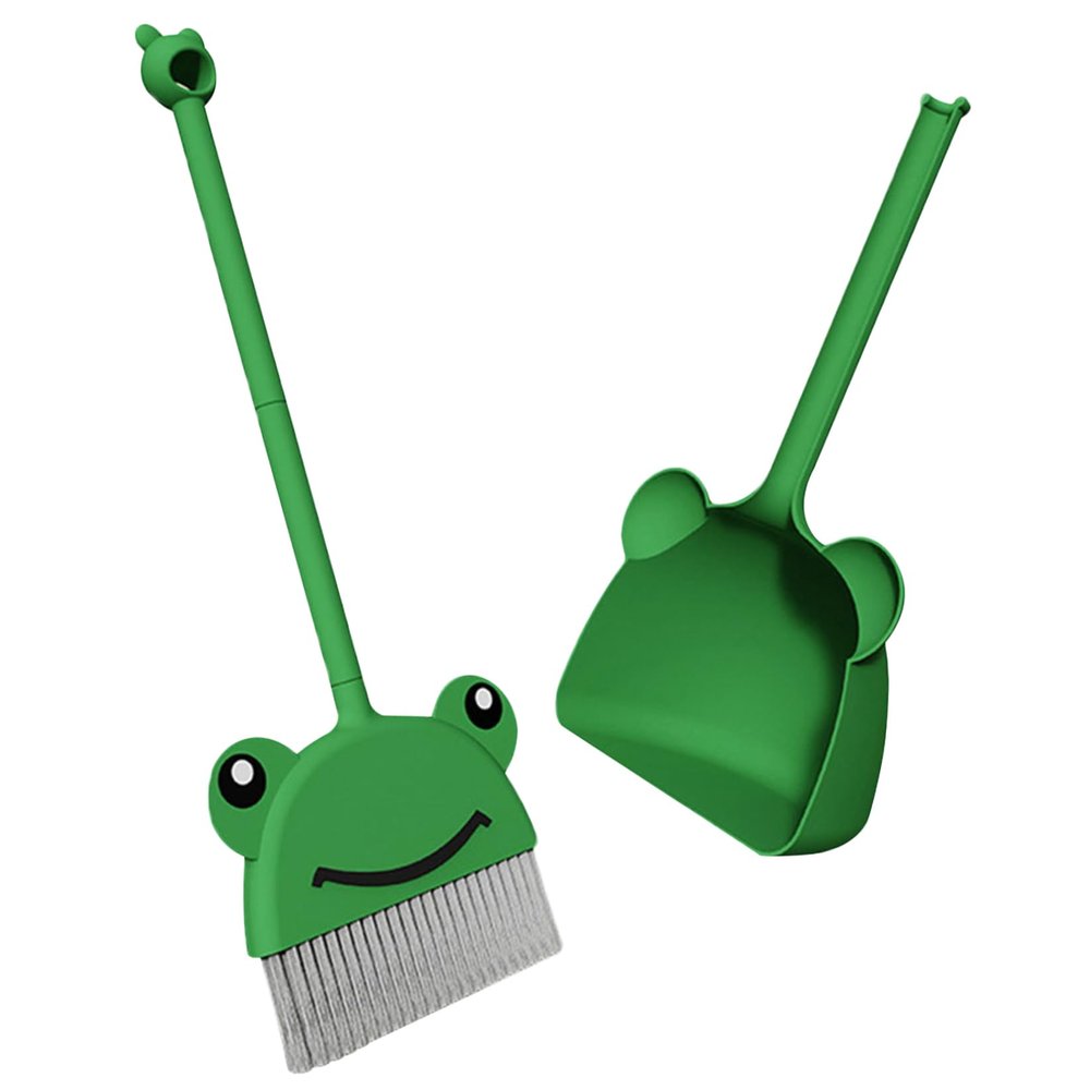 Kids Broom and Dustpan Set 2Pcs/Set PP Cute Cartoon Frog Pattern Toddler Broom Odor-free Hanging Smooth Handle Washable PET Brush Kids Broom for Home Kindergarten Home Kitchen Tools