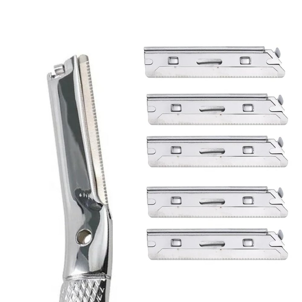 Groomixx Premium Quality Eyebrow Razor Metal Handle Biodegradable Replaceable Razors Face Shaving for Women (5 x Refills)