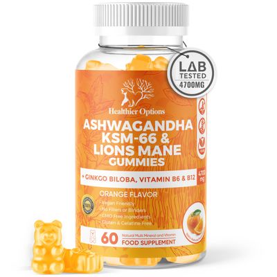 Ashwagandha KSM-66 and Lions Mane Gummies 4700mg | Enhanced with Ginkgo Biloba, B6, B12 & Magnesium Glycinate | for Body, Mind & Cognitive Health | High Strength | 3-in-1