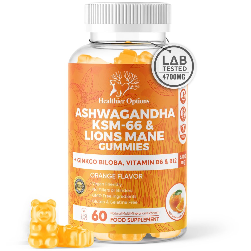 Ashwagandha KSM-66 and Lions Mane Gummies 4700mg | Enhanced with Ginkgo Biloba, B6, B12 & Magnesium Glycinate | for Body, Mind & Cognitive Health | High Strength | 3-in-1
