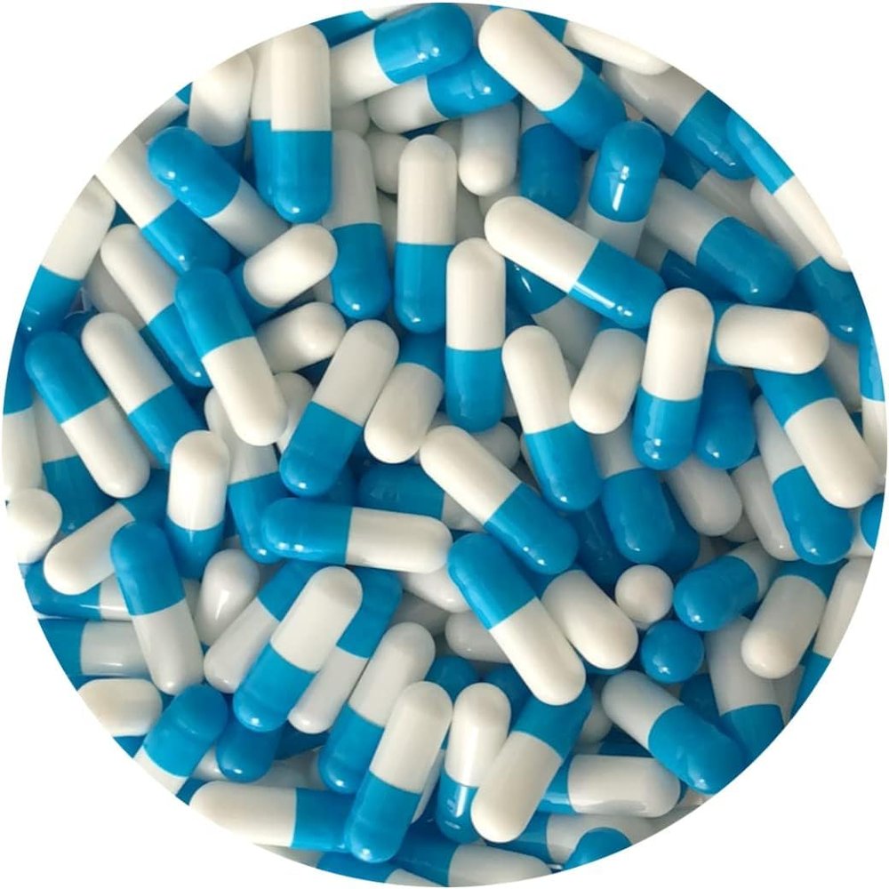 Pure CapsulesSize 0 Empty Blue/White Capsule, Gel Capsule, Empty Pill Capsules, Size 0 Gelatin Capsule, Pill caps, Coloured Capsule Blue White, BSE, GMO Free-for Self Fill, DIY Capsule (500)