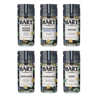 BART Mediterannean Herb & Spice Collection - Thyme, Oregano, Tarragon, Mixed Herbs, Mint & Mediterranean Seasoning - Ideal for Mediterranean Cooking (6 Jar Bulk Buy Set)