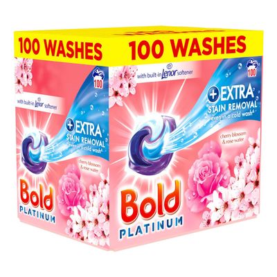 Bold Platinum Pods 100 Washes Laundry Detergent, Cherry Blossom & Rose Water Scent, Extra Stain Removal Even In Cold Wash