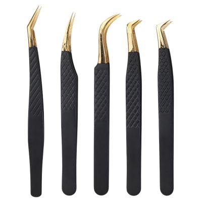 5pcs lash tweezer set, stainless steel eyelash extension tool with curved tips, non-slip grip for false lashes, perfect for home and salon use