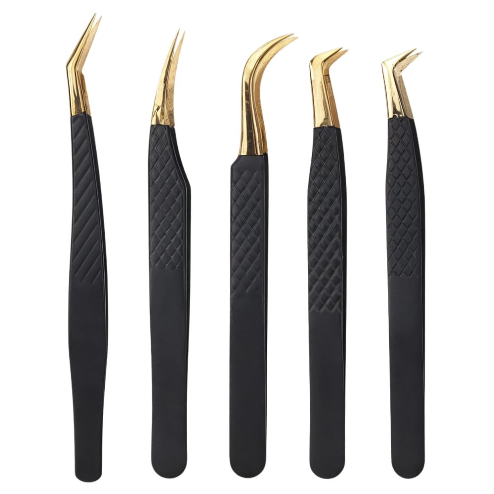 5pcs lash tweezer set, stainless steel eyelash extension tool with curved tips, non-slip grip for false lashes, perfect for home and salon use