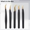 5pcs lash tweezer set, stainless steel eyelash extension tool with curved tips, non-slip grip for false lashes, perfect for home and salon use view 3