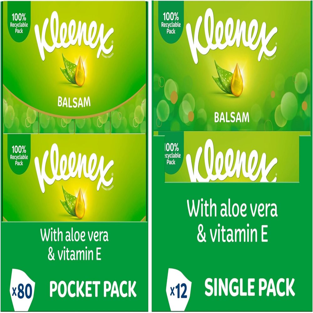 Kleenex Balsam Facial Tissues Pocket Pack and Box Tissues - 80 Pocket Packs & 12 Standard Tissue Boxes
