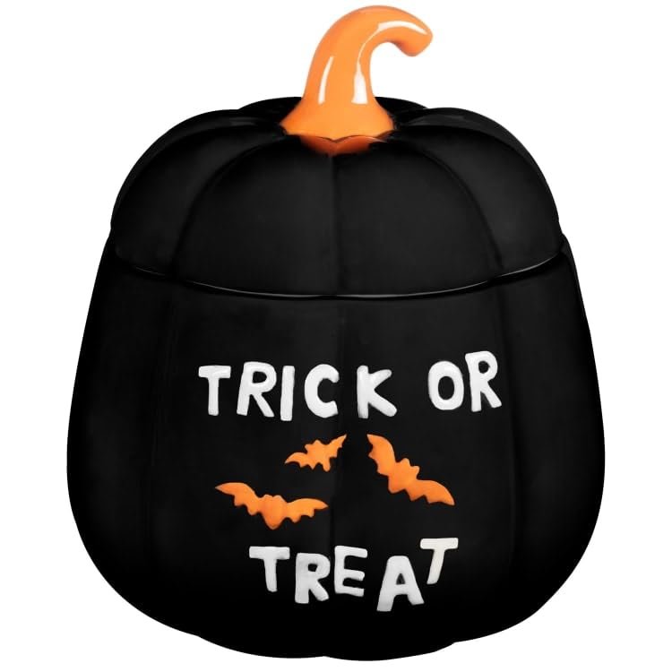 Ceramic Pumpkin Jar - Trick or Treat - Fill this Ceramic Pumpkin Jar with spooky snacks, tricky treats and creepy cookies! - Get that witchin' kitchen! - Available Designs:Trick or Treat