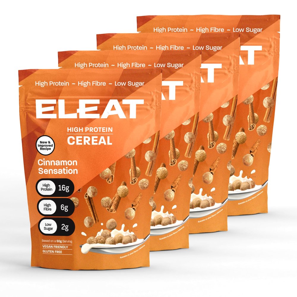 ELEAT | High Protein Low Sugar High Fibre Cereal | Muscle Recovery Healthy Gluten Free Vegan Breakfast | Complete Plant Protein | Low GI Carbs High Protein Cereals | Cinnamon Sensation 4 x 250g