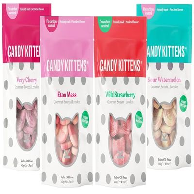 Candy Kitten Vegan Sweets CORE Selection 4 x 140g Wild Strawberry Sour Watermelon Very Cherry & Eton Mess Perfect Vegan Gifts Bulk Bags Naturally Flavoured With Fruit Juice by Zamfoods (8 Mix)