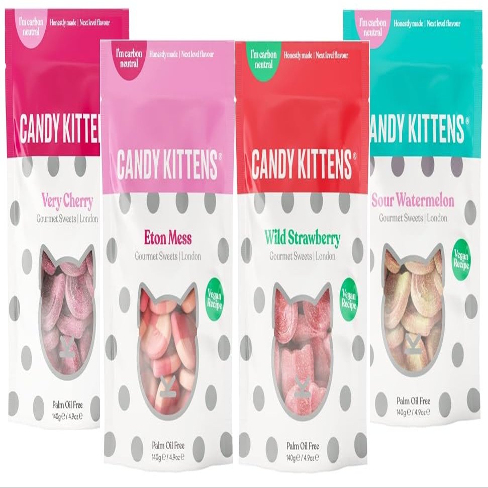 Candy Kitten Vegan Sweets CORE Selection 4 x 140g Wild Strawberry Sour Watermelon Very Cherry & Eton Mess Perfect Vegan Gifts Bulk Bags Naturally Flavoured With Fruit Juice by Zamfoods (8 Mix)