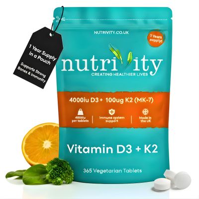 Vitamin D3 4000 IU & K2 100g (MK-7) 365 Vegetarian High Strength D3 and K2 Vitamin Tablets for Bone, Muscle & Immune Support Gluten & Sugar Free, Easy to Swallow, Non-GMO, UK Made