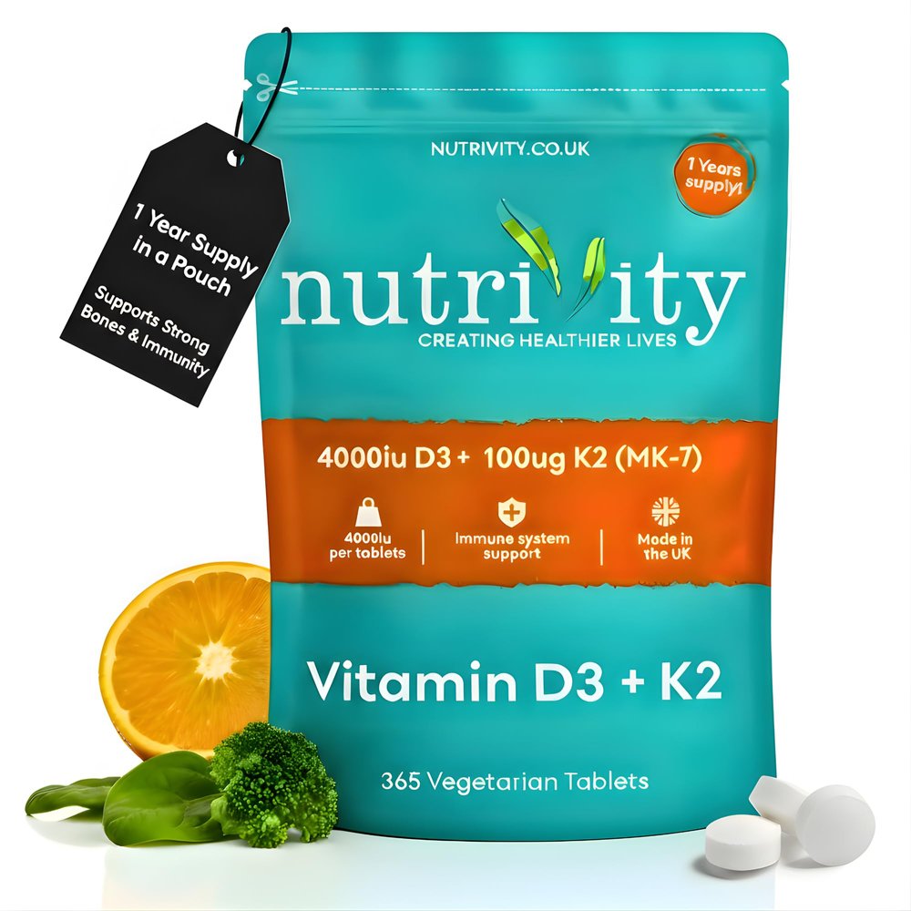 Vitamin D3 4000 IU & K2 100g (MK-7) 365 Vegetarian High Strength D3 and K2 Vitamin Tablets for Bone, Muscle & Immune Support Gluten & Sugar Free, Easy to Swallow, Non-GMO, UK Made