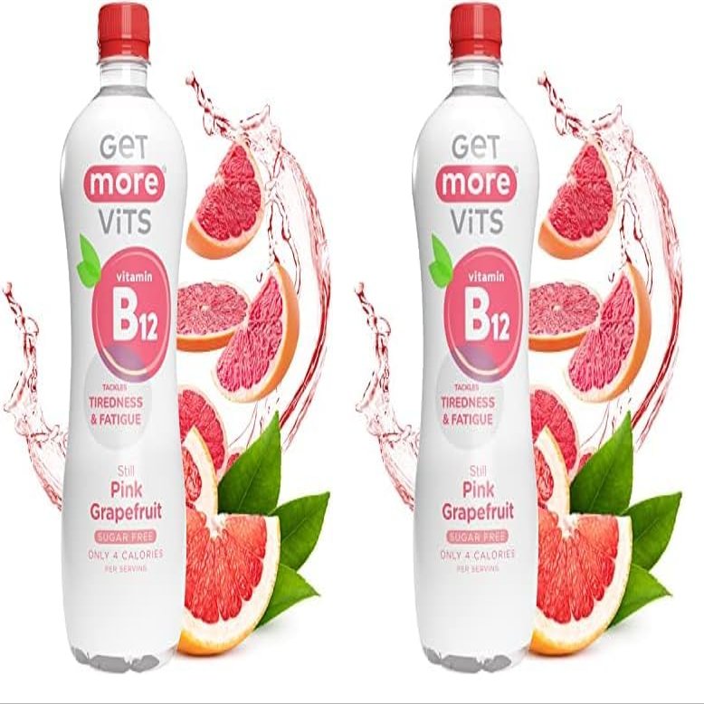 Get More Vits - B12 Vitamins Still Pink Grapefruit Flavoured Spring Water (12 x 500ml), Supports Energy Release, Tackle Tiredness & Fatigue, Natural Flavours, Sugar Free, Low Calorie, Vegan