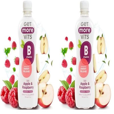 Get More Vits - B Vitamins Still Apple & Raspberry Flavoured Spring Water (12 x 500ml), Supports Energy Release, Tackle Tiredness & Fatigue, Natural Flavours, Sugar Free, Low Calorie, Vegan