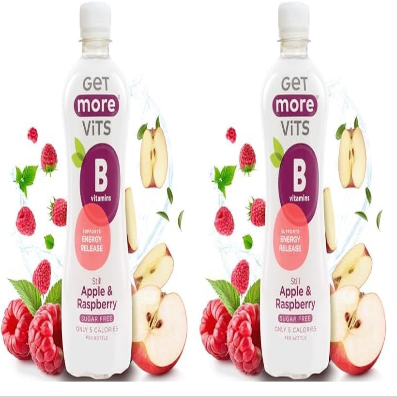 Get More Vits - B Vitamins Still Apple & Raspberry Flavoured Spring Water (12 x 500ml), Supports Energy Release, Tackle Tiredness & Fatigue, Natural Flavours, Sugar Free, Low Calorie, Vegan