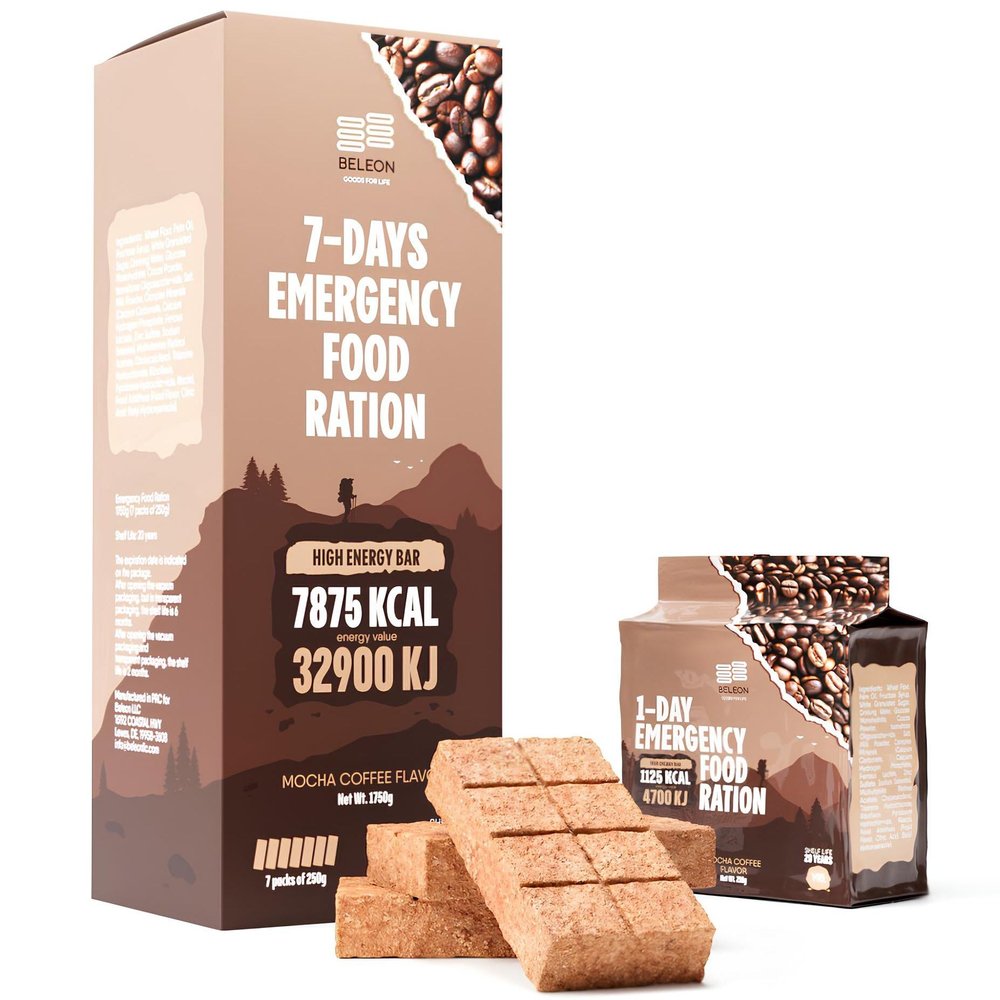 Emergency Food Supply 7-days Coffee Mocha Biscuit Bars MRE Meals Military 2024 Survival Kit - 20 Years Shelf Life Camping Hiking Supplies