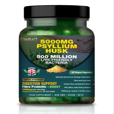 Fibre Supplement 5000mg Psyllium Husk with 500 Million Multi-Strain Probiotic - High Strength - Natural Soluble Fiber Supplement Plantago Ovata Seeds 2 Month Supply Psyllium Husks Capsules Vegan, UK