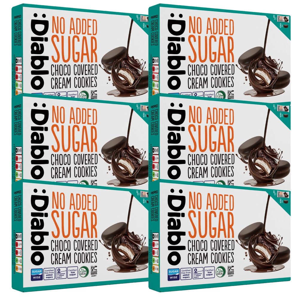 Diablo No Added Sugar Choco Covered Cream Cookies Low Sugar Snacks Sweetened with Maltitol, Delicious Healthy Snacks, Ideal Christmas Cookie Chocolate Gift, Crispy Sweet Treats for All, 136g 6 Pack
