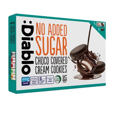 Diablo No Added Sugar Choco Covered Cream Cookies  Low Sugar Snacks Sweetened with Maltitol, Delicious Healthy Snacks, Ideal Christmas Cookie Chocolate Gift, Crispy Sweet Treats for All, 136g 1 Pack