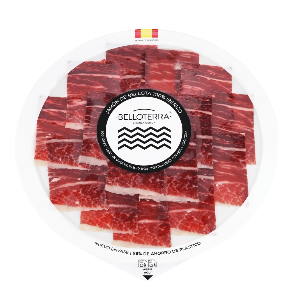 Belloterra Iberian Ham Certified Pure Cebo 50% Iberian Acorn-Fed 80g Vacuum Packed Sliced Ham Cured Between 24 and 48 Months. 100% Iberian breed. Great Taste Awards
