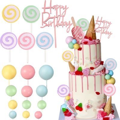 Candy Cake Toppers Sweet Cake Decoration with Lollipops Yellow Blue Pink Green balls for Candy themed Party