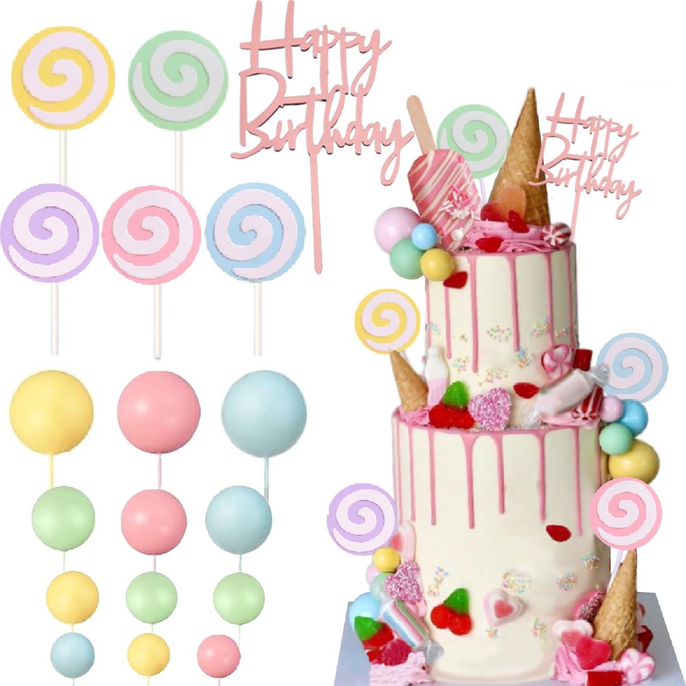 Candy Cake Toppers Sweet Cake Decoration with Lollipops Yellow Blue Pink Green balls for Candy themed Party