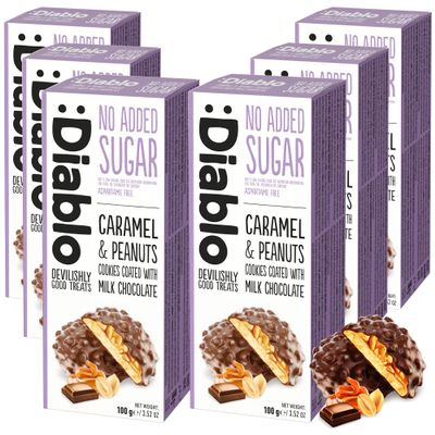 Diablo No Added Sugar Sweets, Caramel & Peanuts Cookies Coated with Milk Chocolate  No Sugar Biscuits, Guilt-Free Snacks for Adults & Families, Sweet Treats Sweetened with Maltitol, 100g (Pack of 6)