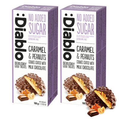 Diablo No Added Sugar Sweets, Caramel & Peanuts Cookies Coated with Milk Chocolate  No Sugar Biscuits, Guilt-Free Snacks for Adults & Families, Sweet Treats Sweetened with Maltitol, 100g (Pack of 2)