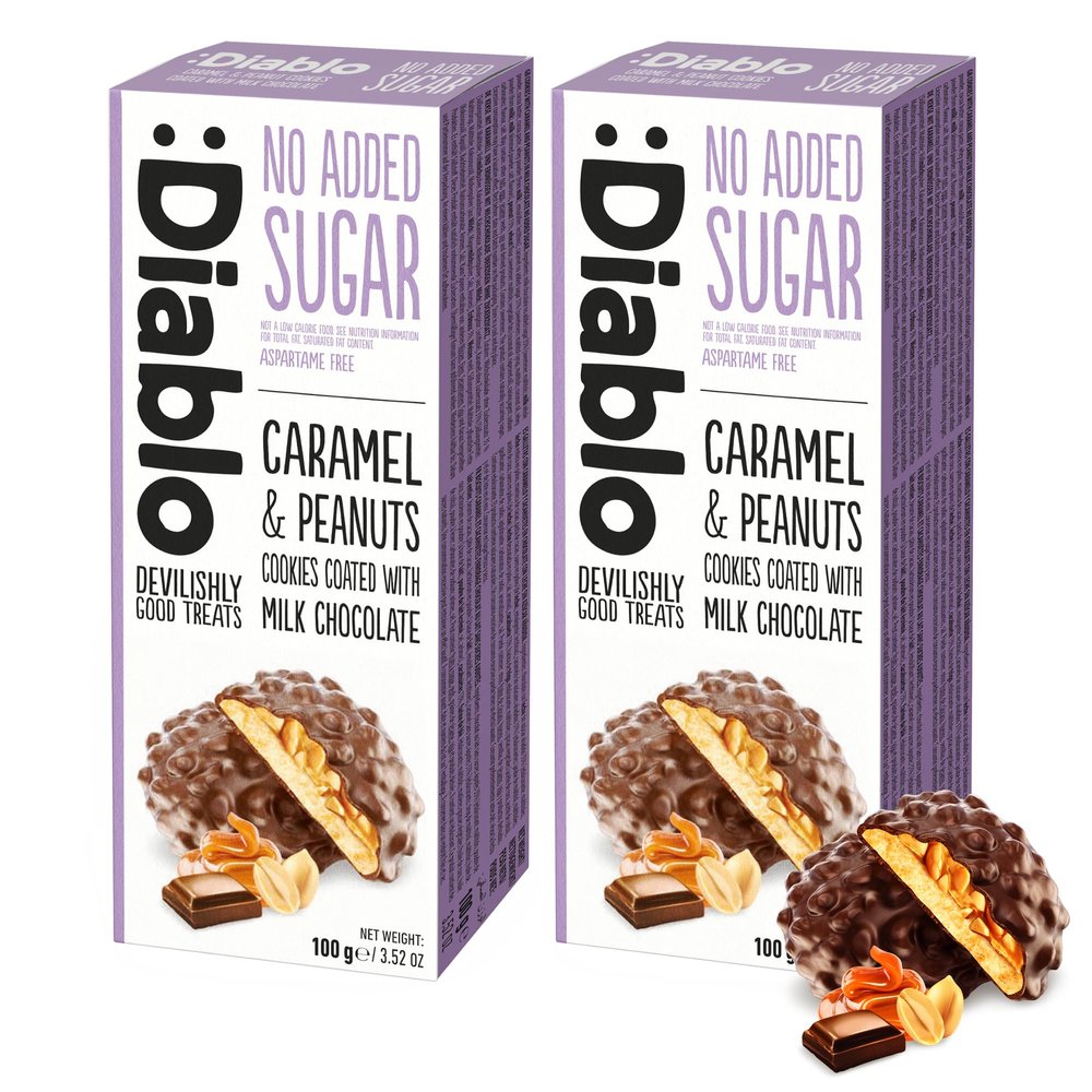 Diablo No Added Sugar Sweets, Caramel & Peanuts Cookies Coated with Milk Chocolate  No Sugar Biscuits, Guilt-Free Snacks for Adults & Families, Sweet Treats Sweetened with Maltitol, 100g (Pack of 2)