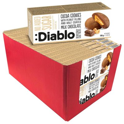 Diablo No Added Sugar Cocoa Cookies with Peanut Filling & Half Coated Milk Chocolate  No Added Sugar Biscuits Snacks for Adults & Families, Sweet Treats Sweetened with Maltitol, 110g (Pack of 26)