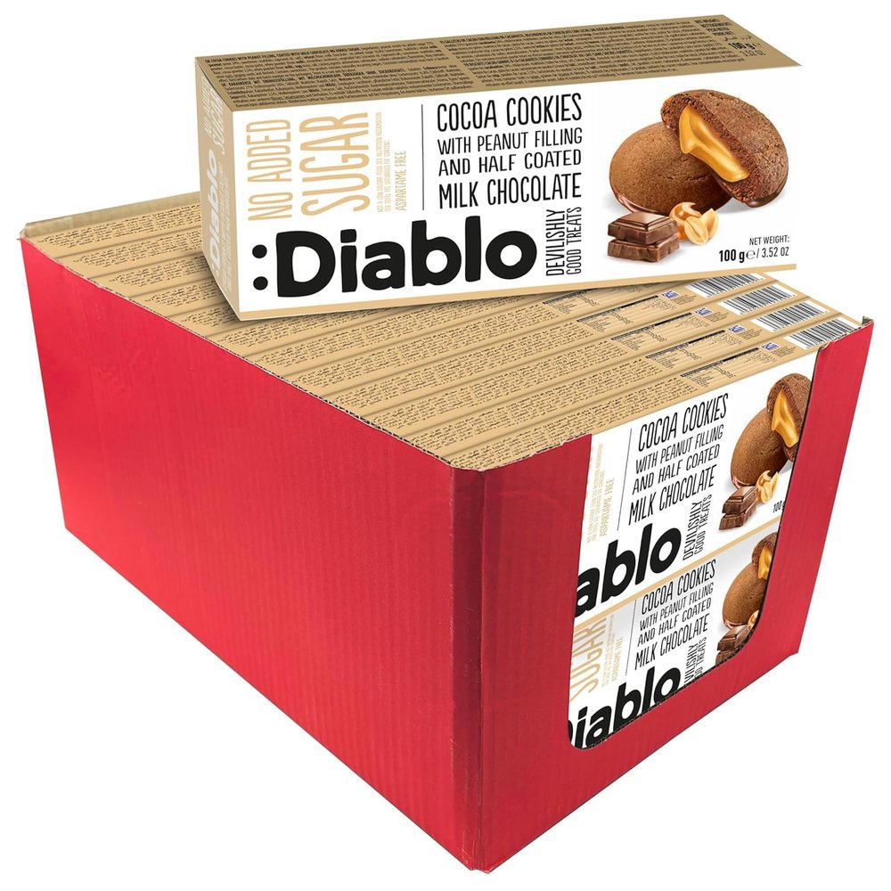 Diablo No Added Sugar Cocoa Cookies with Peanut Filling & Half Coated Milk Chocolate No Added Sugar Biscuits Snacks for Adults & Families, Sweet Treats Sweetened with Maltitol, 110g (Pack of 26)