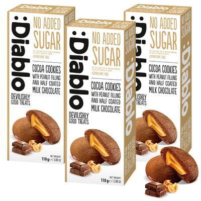 Diablo No Added Sugar Cocoa Cookies with Peanut Filling & Half Coated Milk Chocolate  No Added Sugar Biscuits Snacks for Adults & Families, Sweet Treats Sweetened with Maltitol, 110g (Pack of 3)