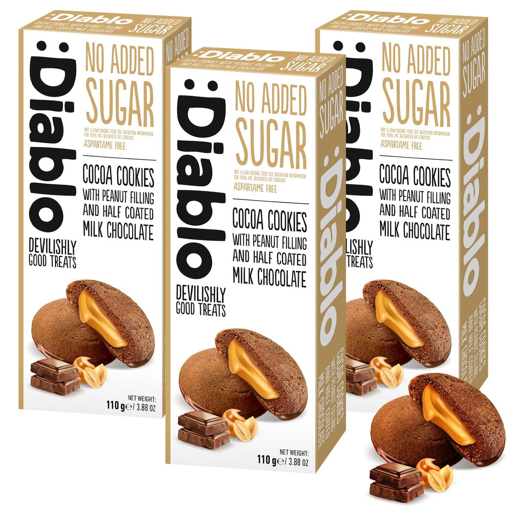 Diablo No Added Sugar Cocoa Cookies with Peanut Filling & Half Coated Milk Chocolate  No Added Sugar Biscuits Snacks for Adults & Families, Sweet Treats Sweetened with Maltitol, 110g (Pack of 3)