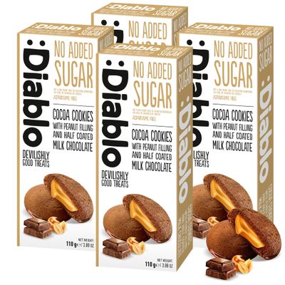 Diablo No Added Sugar Cocoa Cookies with Peanut Filling & Half Coated Milk Chocolate  No Added Sugar Biscuits Snacks for Adults & Families, Sweet Treats Sweetened with Maltitol, 110g (Pack of 4)