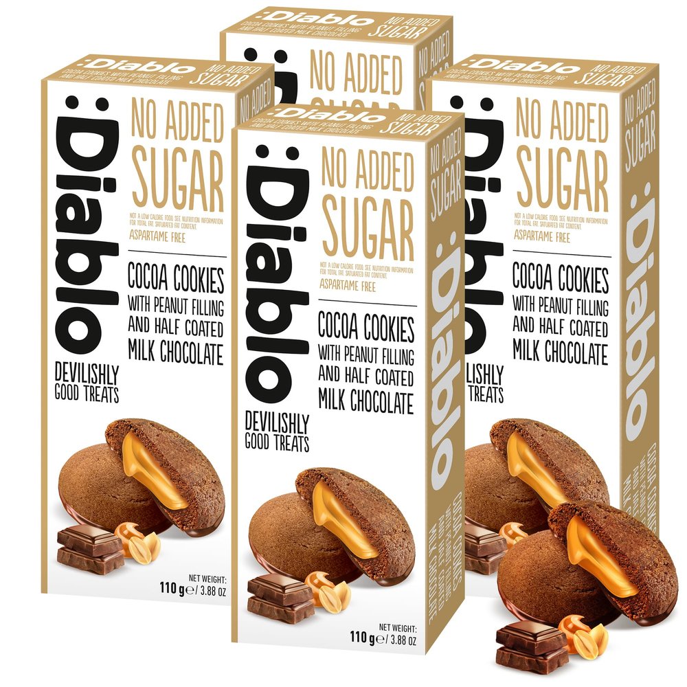 Diablo No Added Sugar Cocoa Cookies with Peanut Filling & Half Coated Milk Chocolate  No Added Sugar Biscuits Snacks for Adults & Families, Sweet Treats Sweetened with Maltitol, 110g (Pack of 4)