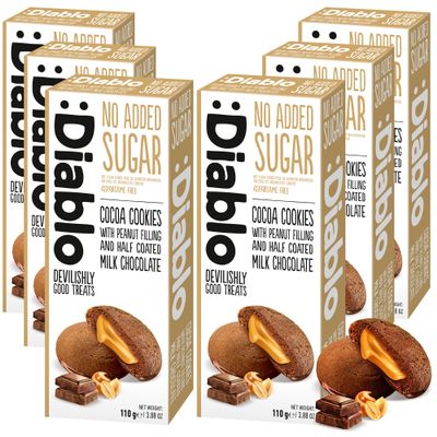 Diablo No Added Sugar Cocoa Cookies with Peanut Filling & Half Coated Milk Chocolate  No Added Sugar Biscuits Snacks for Adults & Families, Sweet Treats Sweetened with Maltitol, 110g (Pack of 6)