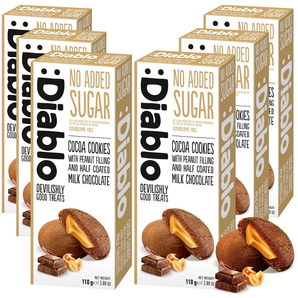 Diablo No Added Sugar Cocoa Cookies with Peanut Filling & Half Coated Milk Chocolate  No Added Sugar Biscuits Snacks for Adults & Families, Sweet Treats Sweetened with Maltitol, 110g (Pack of 6)