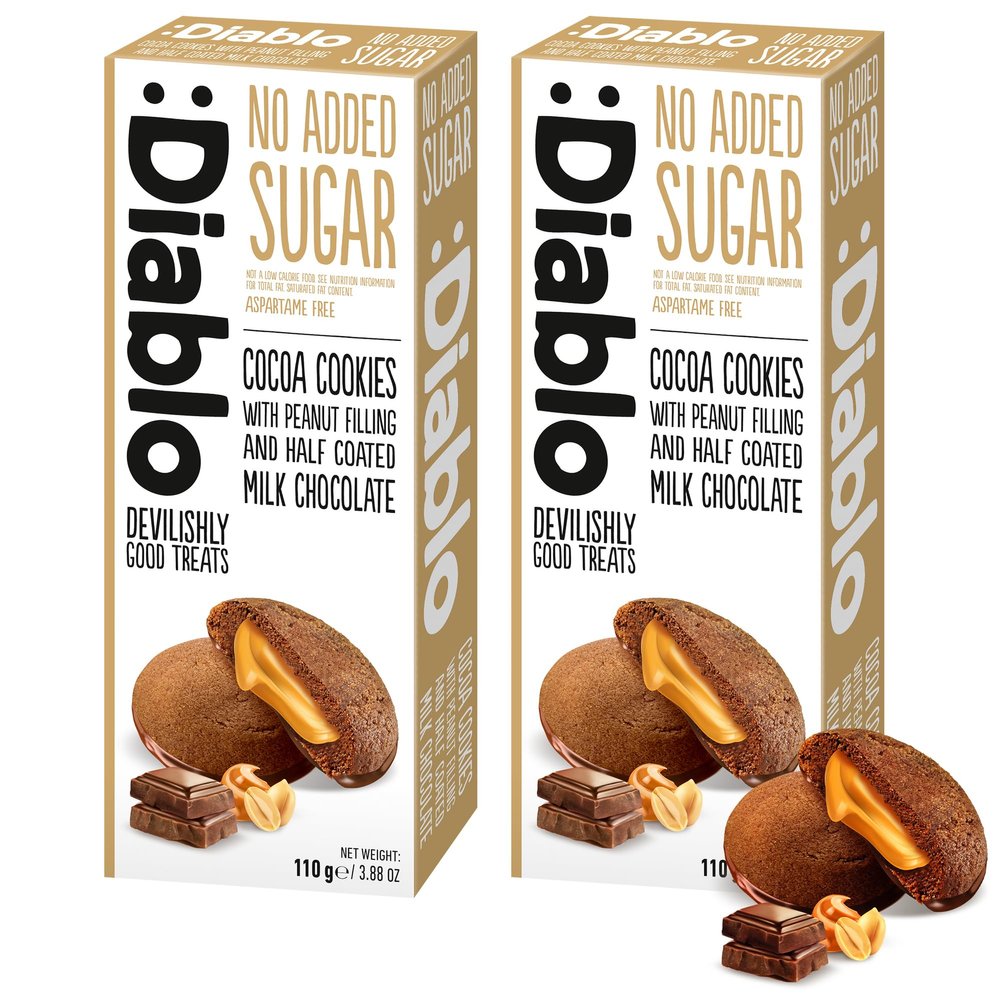Diablo No Added Sugar Cocoa Cookies with Peanut Filling & Half Coated Milk Chocolate  No Added Sugar Biscuits Snacks for Adults & Families, Sweet Treats Sweetened with Maltitol, 110g (Pack of 2)