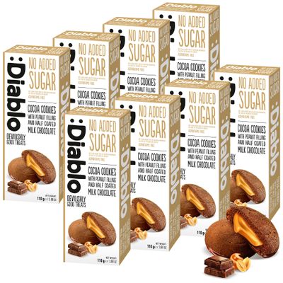 Diablo No Added Sugar Cocoa Cookies with Peanut Filling & Half Coated Milk Chocolate  No Added Sugar Biscuits Snacks for Adults & Families, Sweet Treats Sweetened with Maltitol, 110g (Pack of 8)