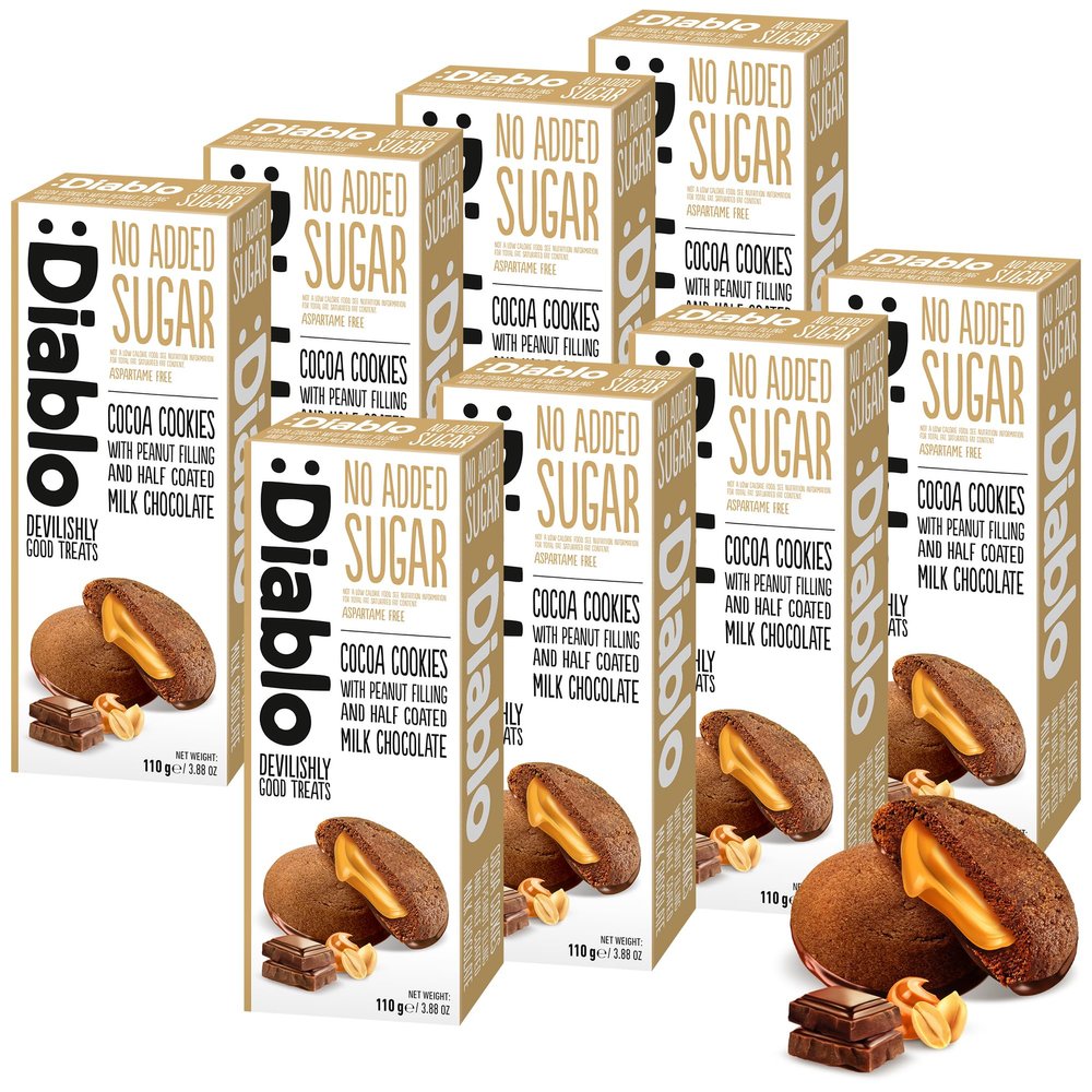 Diablo No Added Sugar Cocoa Cookies with Peanut Filling & Half Coated Milk Chocolate  No Added Sugar Biscuits Snacks for Adults & Families, Sweet Treats Sweetened with Maltitol, 110g (Pack of 8)