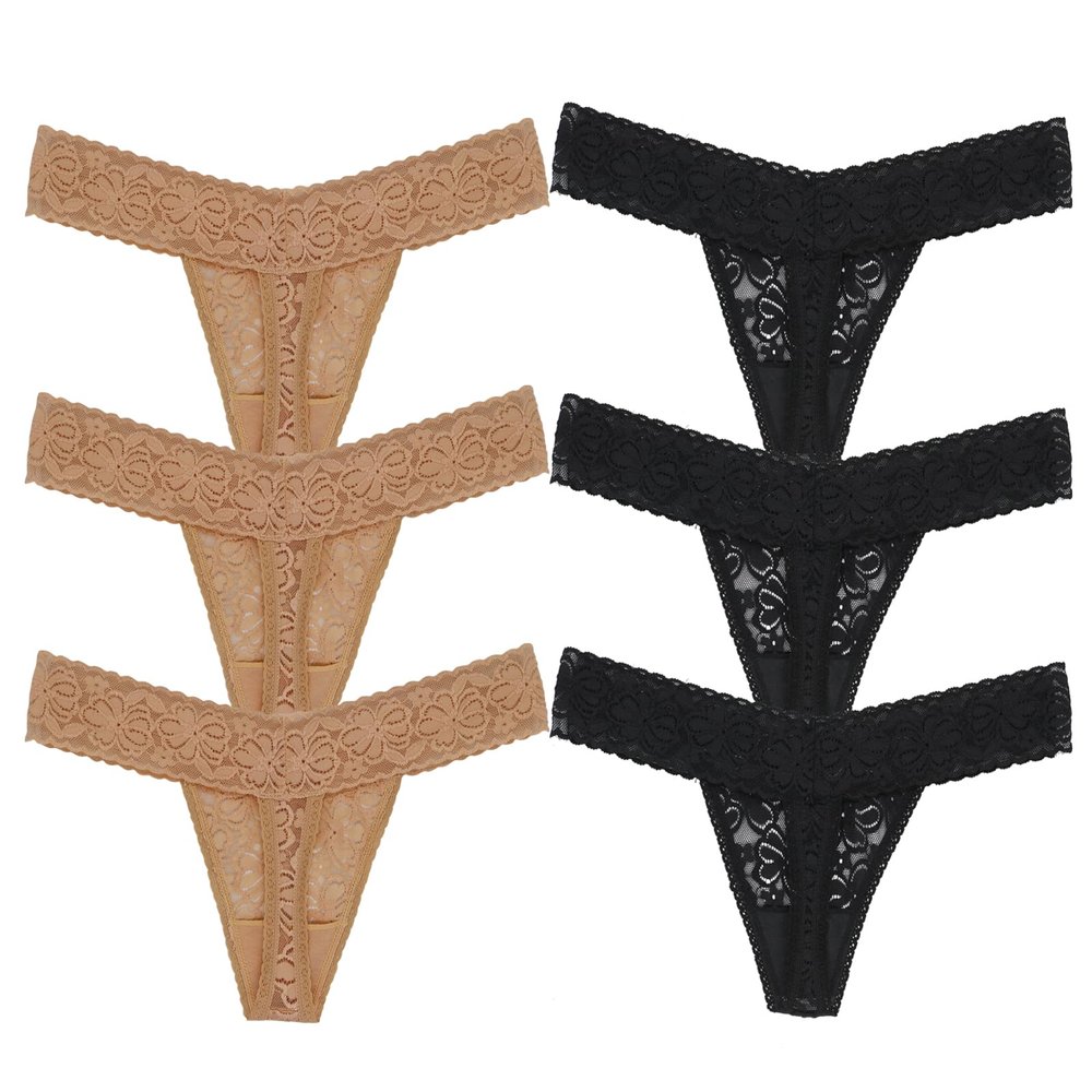 Amwounu Lace Thongs For Women Plus Size Sexy Underwear Soft Panty Stretch Tangas Womens Thong Underwear Size XS-5XL Pack 6, Black*3 Nude*3, M