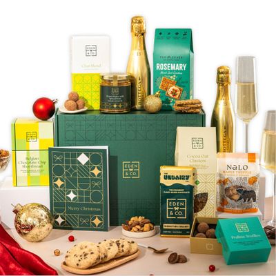 Merry Christmas Vegan Hamper Gift Basket, Luxury Gourmet Gifts for Women, Men, Couples, with Vegan Chocolate by EDEN & CO - Plus 1 Prosecco