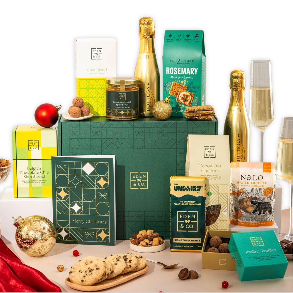 Merry Christmas Vegan Hamper Gift Basket, Luxury Gourmet Gifts for Women, Men, Couples, with Vegan Chocolate by EDEN & CO - Plus 1 Prosecco