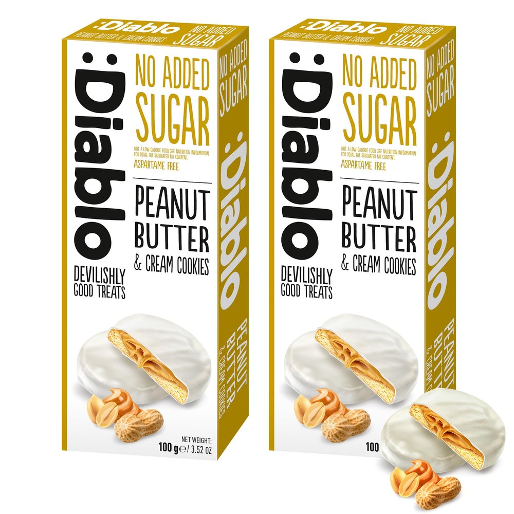 Diablo No Added Sugar Cookies, Peanut Butter and Cream Cookies  Delicious No Sugar Biscuits, Guilt-Free Snacks for Adults & Families, Sweet Treats Sweetened with Maltitol, 100g (Pack of 2)