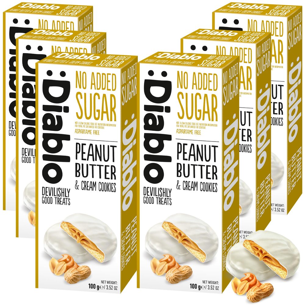 Diablo No Added Sugar Cookies, Peanut Butter and Cream Cookies  Delicious No Sugar Biscuits, Guilt-Free Snacks for Adults & Families, Sweet Treats Sweetened with Maltitol, 100g (Pack of 6)
