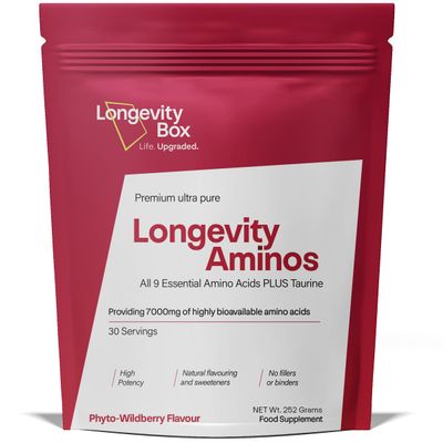 Longevity Box Amino Acids Powder 7000mg  Full-Spectrum BCAA & EAA Complex with Taurine  Vegan Essential Amino Blend  Wildberry Flavour  30 Servings  3rd Party Tested, 98% Pure