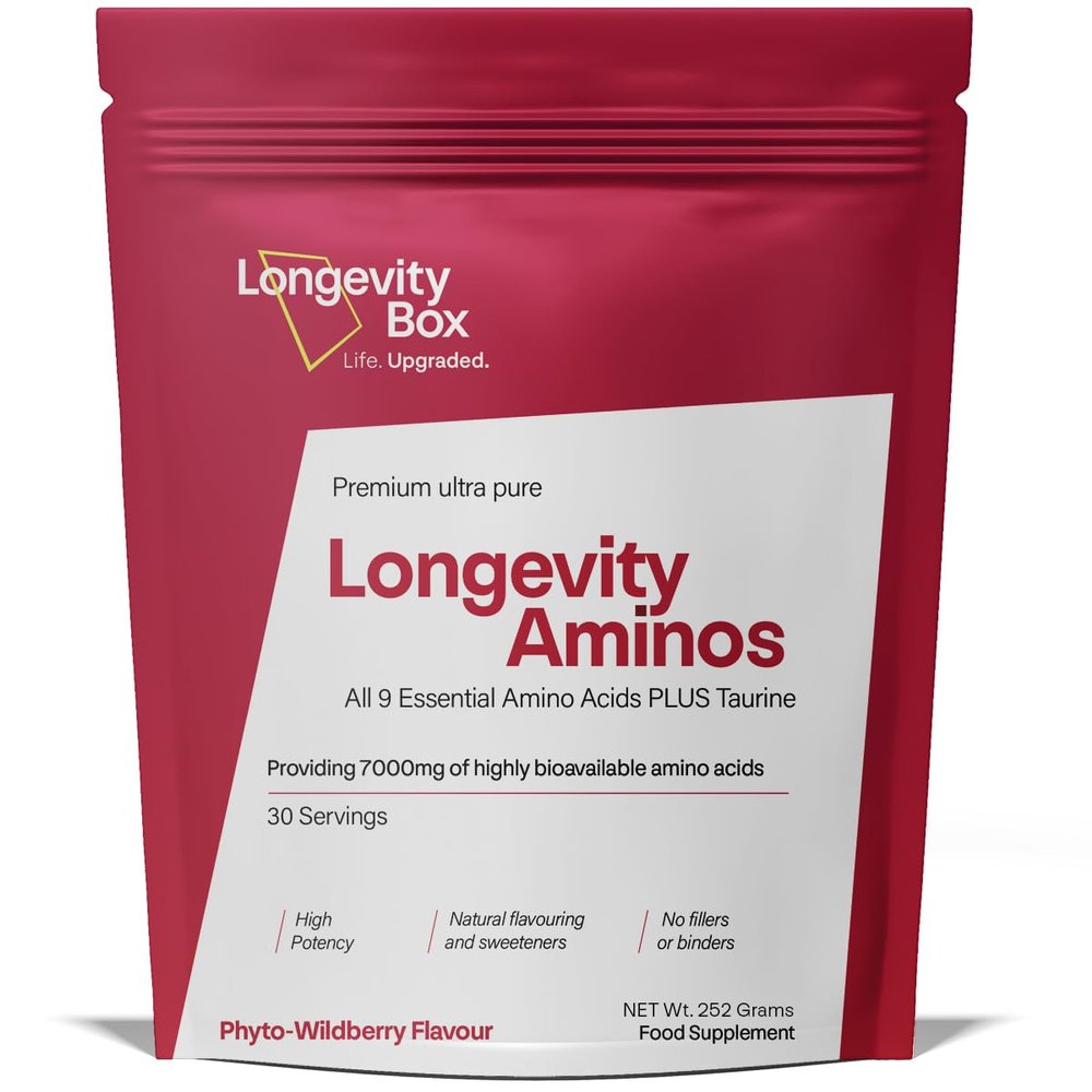 Longevity Box Amino Acids Powder 7000mg  Full-Spectrum BCAA & EAA Complex with Taurine  Vegan Essential Amino Blend  Wildberry Flavour  30 Servings  3rd Party Tested, 98% Pure