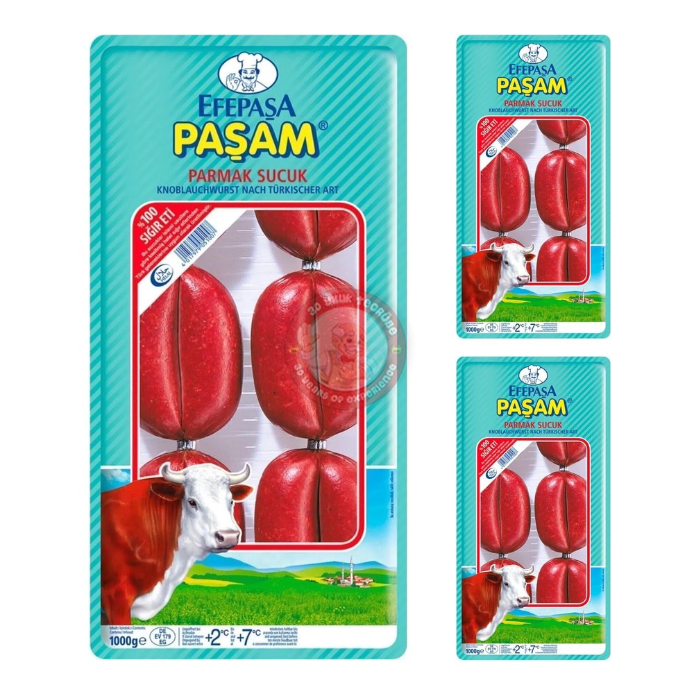 3x Pack Original Turkish Efepasa Pasam Parmak Sucuk Finger Garlic Sausage Soujouk 1000 G 100% Halal 100% Beef Sigir Eti by BAKKALIM UK