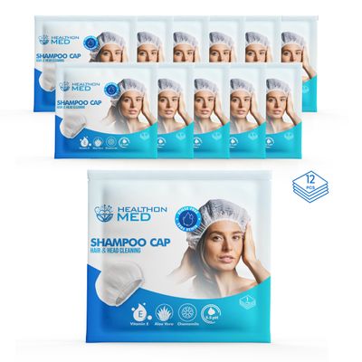 HEALTHONMED Shampoo Cap Rinse Free (Pack of 12) for Camping, Travel & Patients Aloe Vera Disposable Hair Washing Cap, No Water Needed, Suitable for All Hair Types
